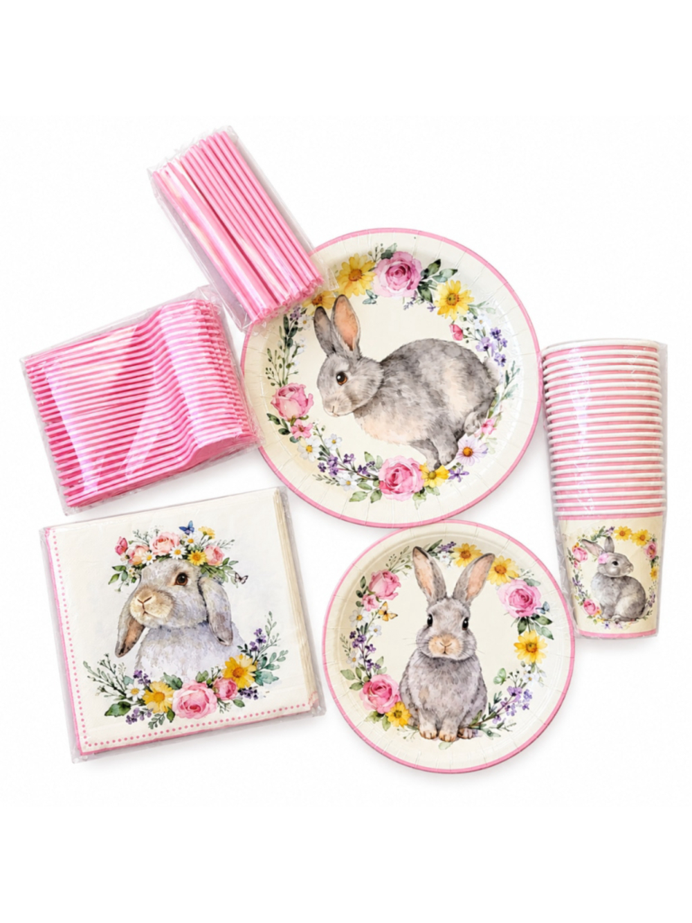 Bunny Floral Party Tableware Set for 24 - Plates Cups Napkins Cutlery - New
